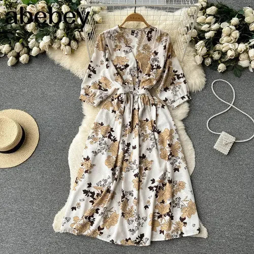Summer Holiday Floral Beach Wrap Dress Women V Neck Short Sleeves Chic A Line Dress Bohemian Vintage Print Long Dress
