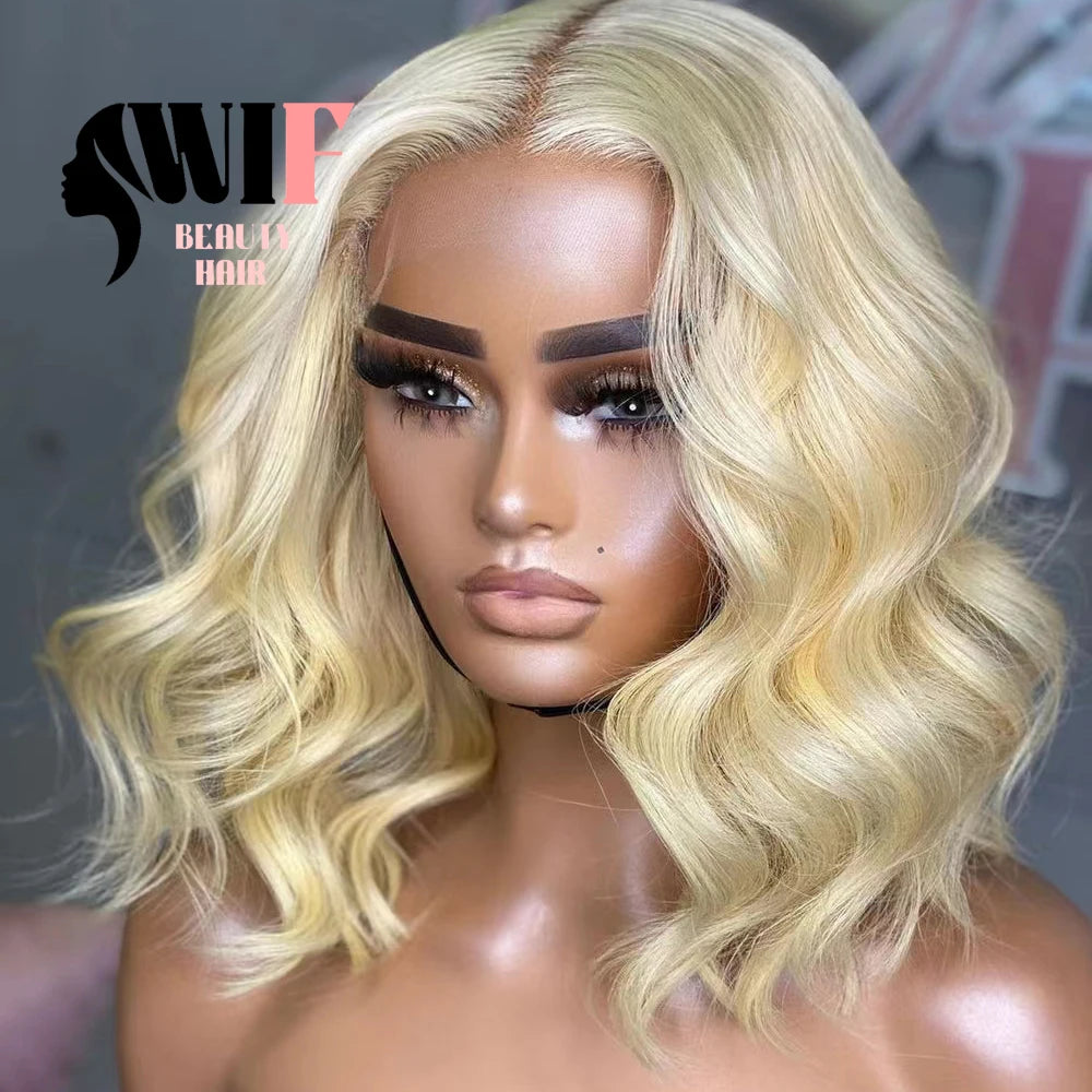 WIF 613 Blonde Short Bob Lace Front Wig Body Wave Bob Blond Hair Heat Fiber Synthetic Wigs Women Daily Use Fashion Golden Hair