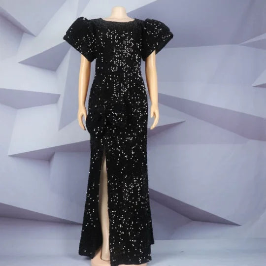 CM.YAYA Women Short Sleeve O-neck High Side Split Sequined Bodycon Midi Maxi Dress 2023 Sexy Party Birthday Long Dresses Vestido