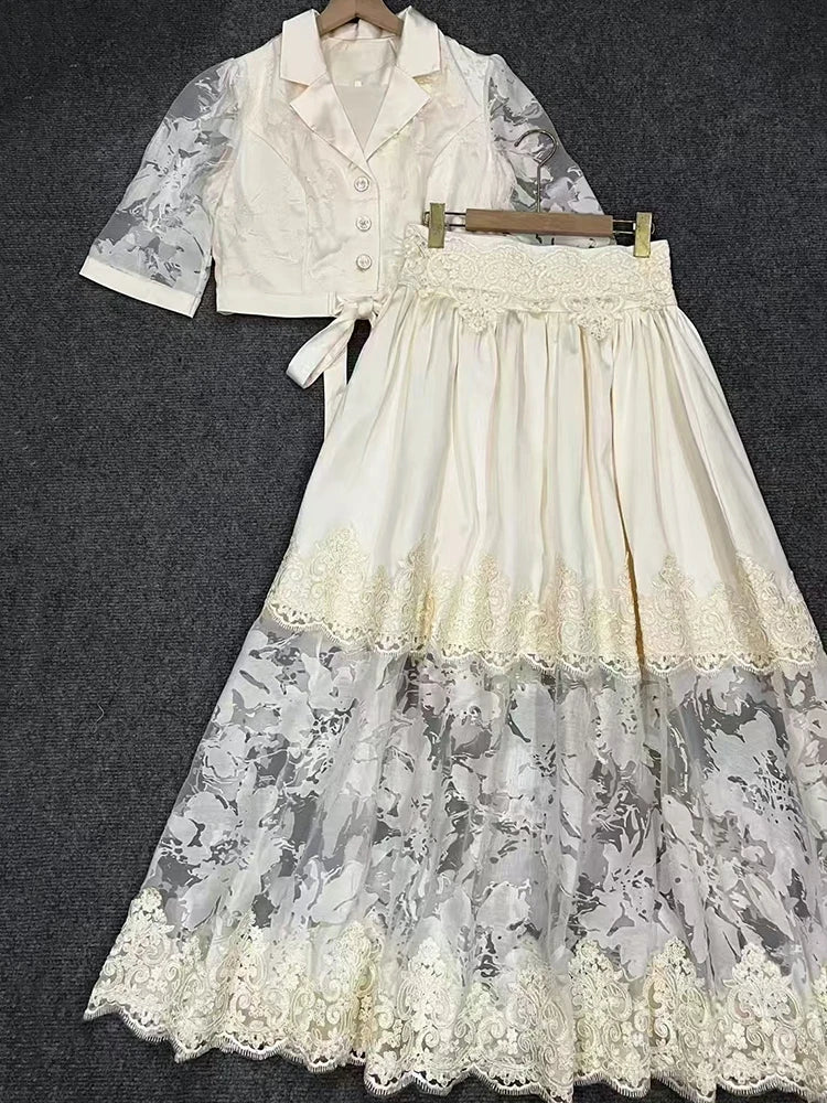 Retro embroidered lace lapel short shirt two-piece set for 2025 summer women's wear + applioned high-waisted loose skirt set