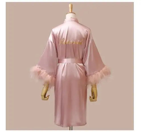 Women FEATHER Bride Bridesmaid Wedding Robe Satin Kimono Bathrobe Gown Nightwear Embroidery Letter Nightgown V-Neck Lingerie