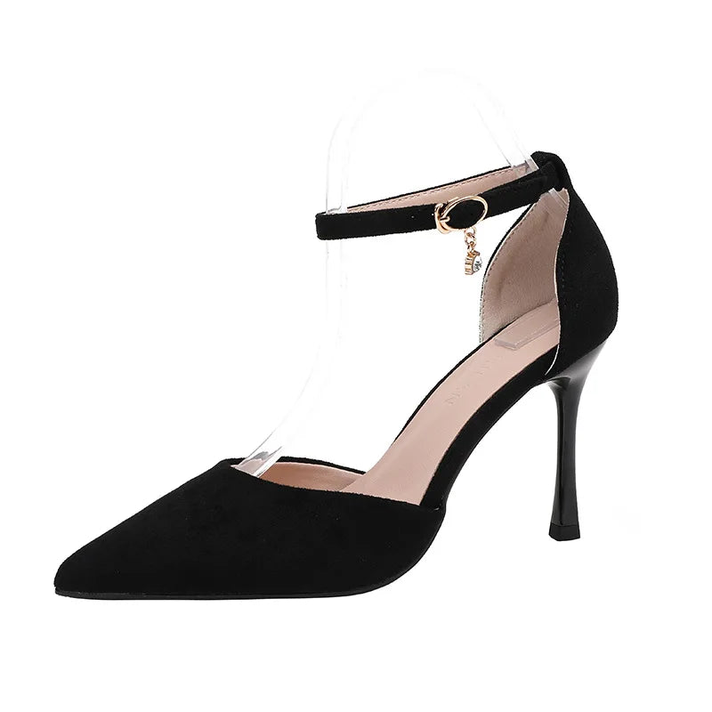 Small Size 30-44 Women High Heel Shoes Suede Thin Heels Ankle Strap Solid Color Point Toe Black Shoes