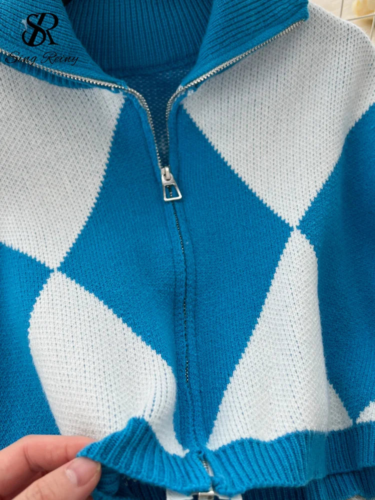 SINGREINY American Fashion Warm Suits Women Lapel Neck Zipper Tops+High Elastic Skinny Skirt Plaid Streetwear Two Pieces Sets