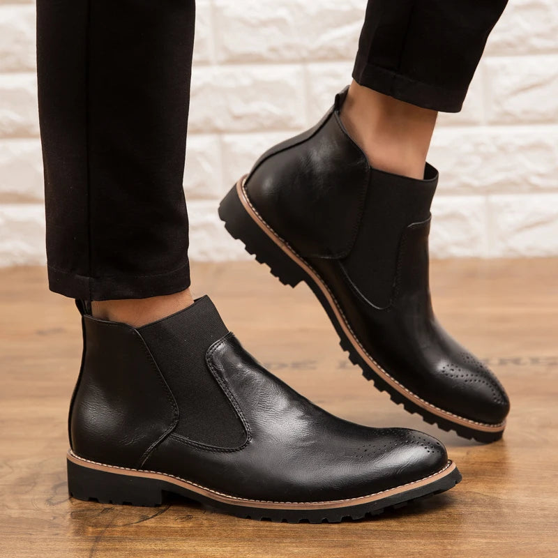 Men's Chelsea Boots Anti Slip Waterproof Ankle Spring and Autumn Brocue Fashion Microfiber Leather Shoes Large 46 Zapatos Hombre