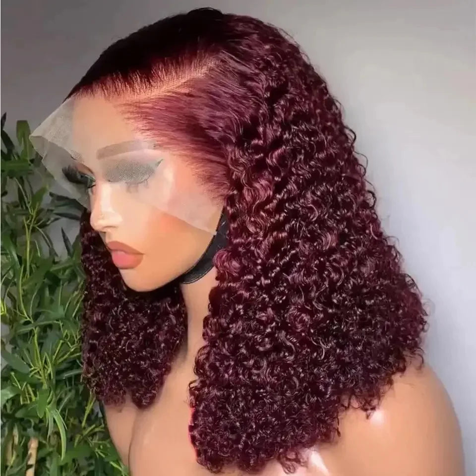 Short Bob Blunt Cut Deep Curly 99J Red Burgundy Color 13X4 HD Lace Frontal Synthetic Wigs Glueless Wig Preplucked With Baby Hair