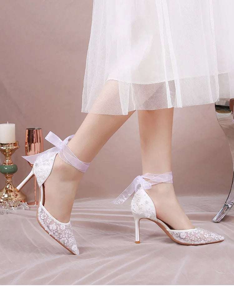 French Beaded Hollow Sandals Women's White Lace Strap Pointed High Heel Main Wedding Shoes