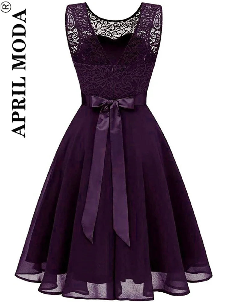 2025 Pink White Lace Chiffon Swing Dresses for Women Elegant Peplum High Waist Purple Sleeveless Party Robe Female A Line Dress