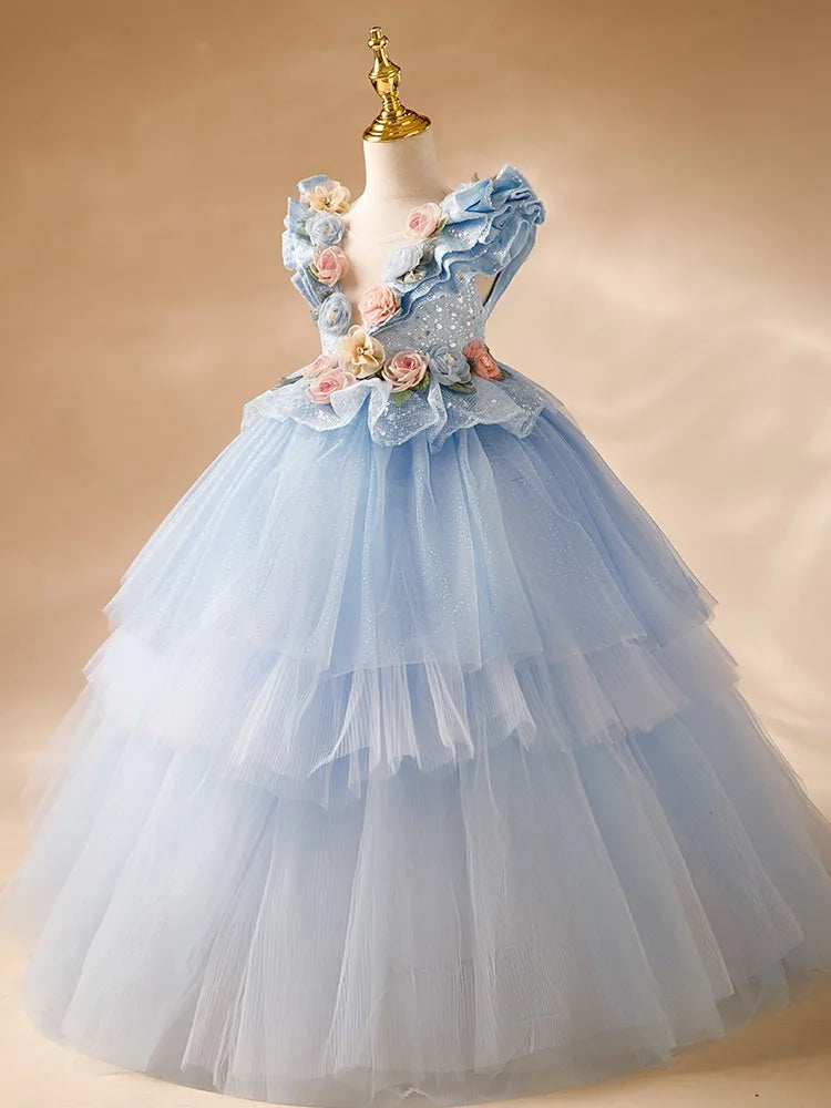 Blue Flower Girl Dresses Pageant Gown for Wedding 3D Floral Appliques Sequins Ruffles Birthday Party First Communion Gowns