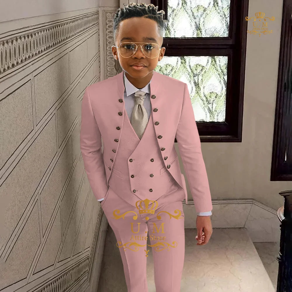 khaki boy's suit 3-piece set in khaki full open top jacket vest pants custom tuxedo for children wedding birthday cocktail party