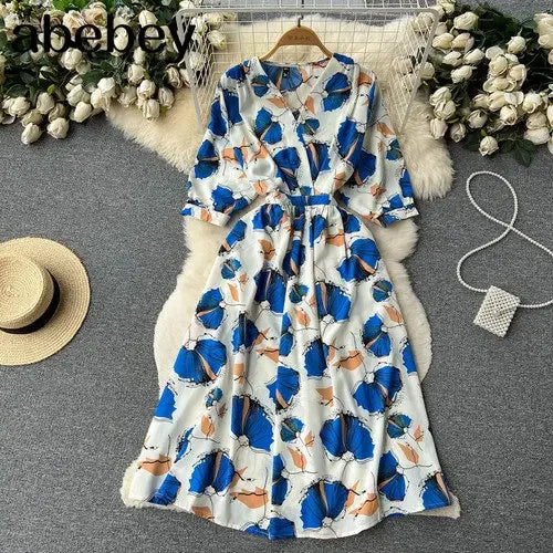 Summer Holiday Floral Beach Wrap Dress Women V Neck Short Sleeves Chic A Line Dress Bohemian Vintage Print Long Dress