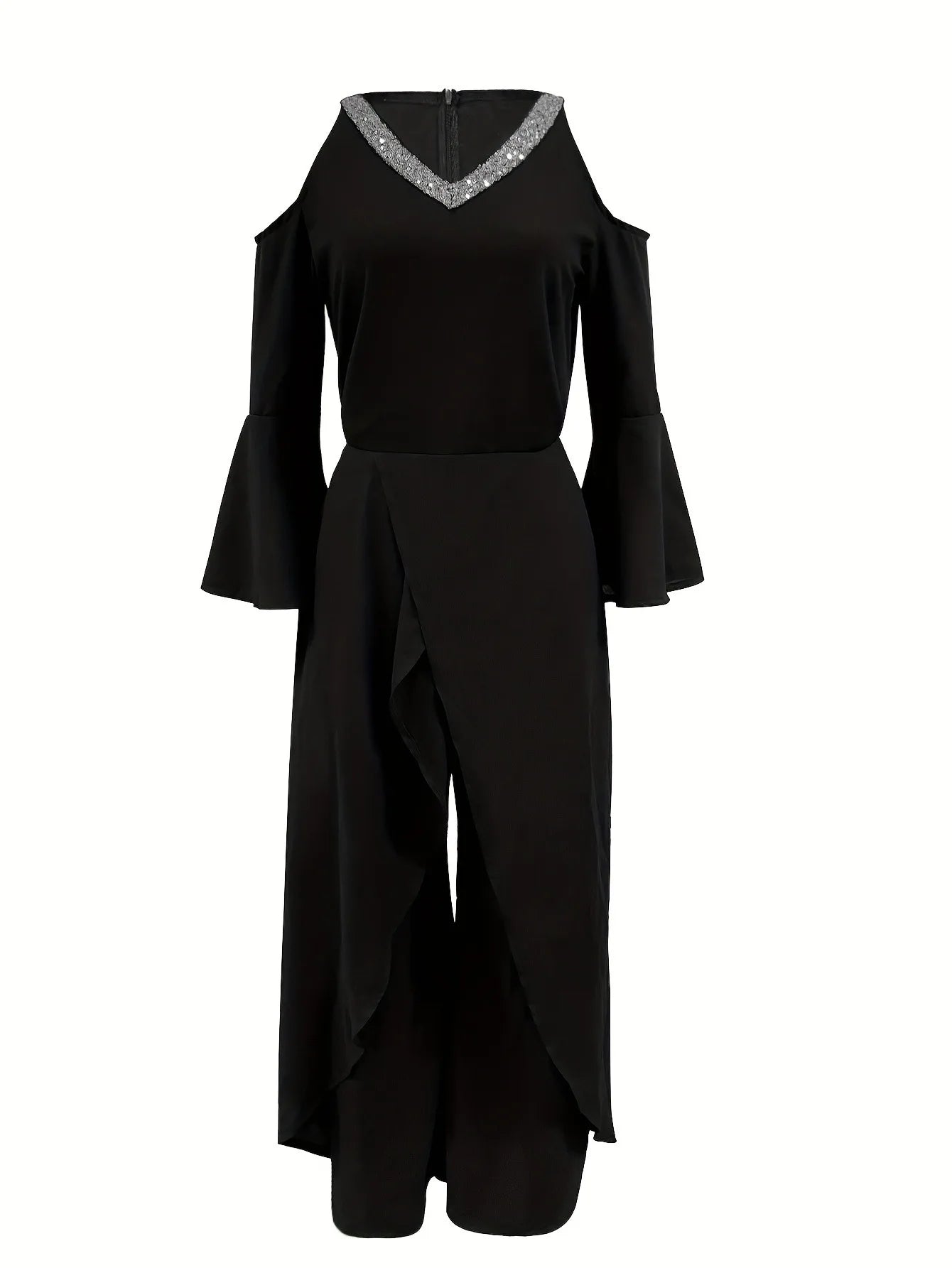 Women's Sequin Solid V Neck Business Elegant Wide Leg Loose Sleeve Bell Sleeve Jumpsuit