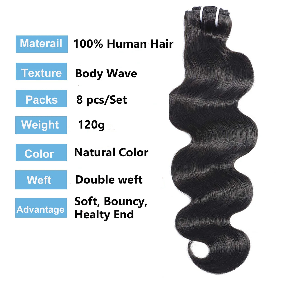 Clip In Human Hair Extensions 120g/set Body Wave 18Clips Full Head Natural Brazilian Clip on Hair Extension 10-26 Inch for Women