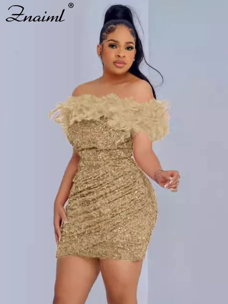 Znaiml Sexy Feather Sequin Glitter Off Shoulder Bodycon Night Club Mini Dress Women Backless Slim Ruched Birthday Gowns Vestidos