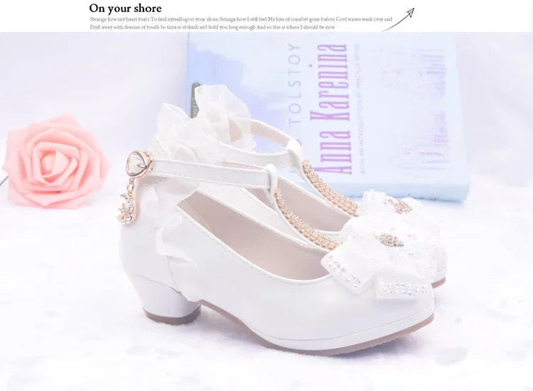 Children Party Leather Shoes Girls PU Low Heel Lace Flower Kids Wedding Shoes Girls Sandals Dance Dress Dance Shoe White Pink