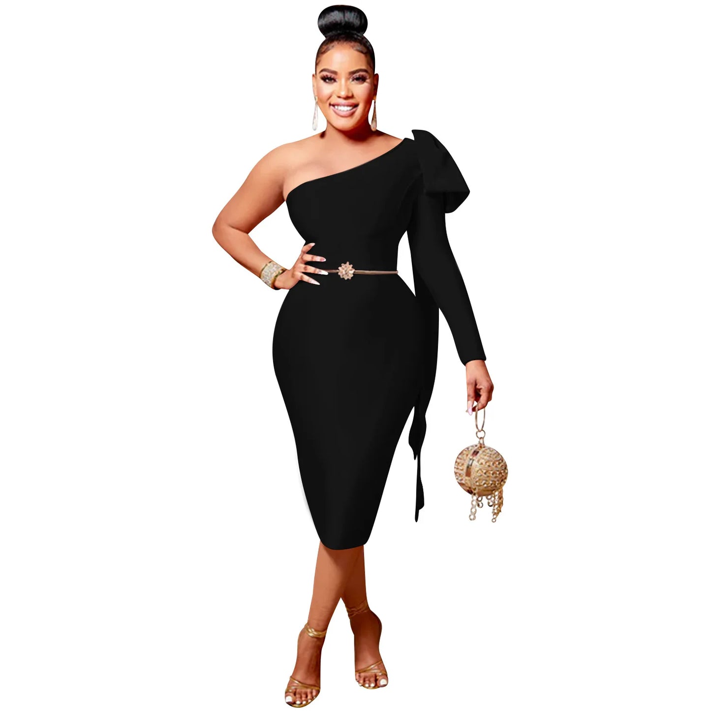 CMYAYA Women One Shoulder Skew Neck Bow Splicing One Long Sleeve Bodycon Midi Dress 2022 Sexy Party Prom Evenging Summer Dresses