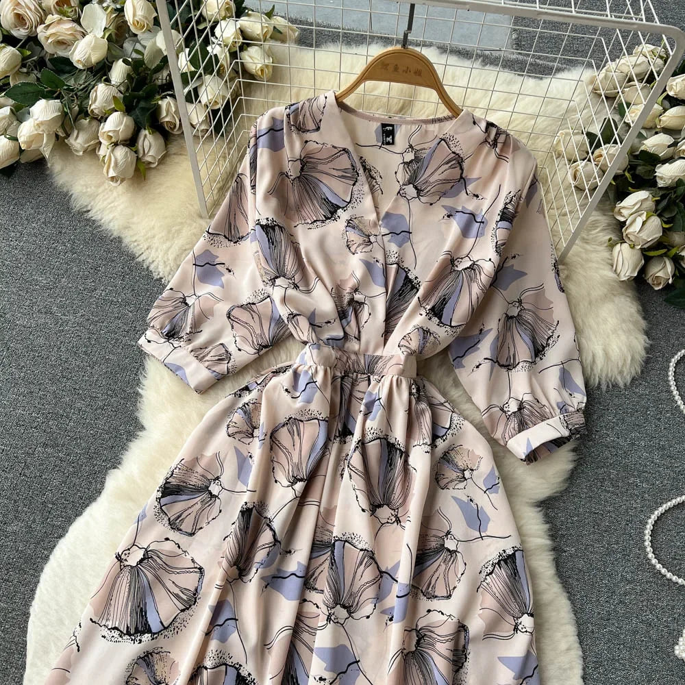 Summer Holiday Floral Beach Wrap Dress Women V Neck Short Sleeves Chic A Line Dress Bohemian Vintage Print Long Dress