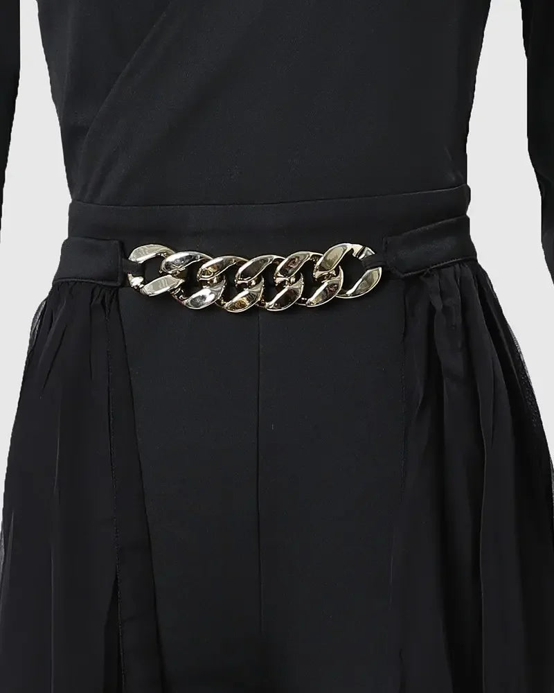 Fall Outfits Women Chain Decor Sheer Mesh Overlay Long Sleeve Tight Fitting Jumpsuit Fashion and Elegant Commuting Combinations