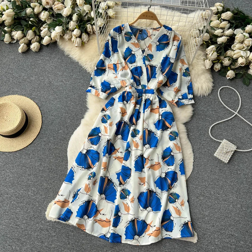 Summer Holiday Floral Beach Wrap Dress Women V Neck Short Sleeves Chic A Line Dress Bohemian Vintage Print Long Dress