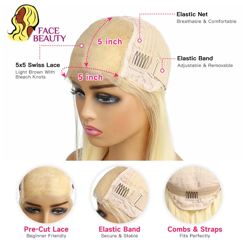 613 Blonde Bob Wig 13x6 13x4 Lace Frontal 5x5 Closure Wig Straight Brazilian Human Hair Lace Front Wigs For Women Pre Plucked