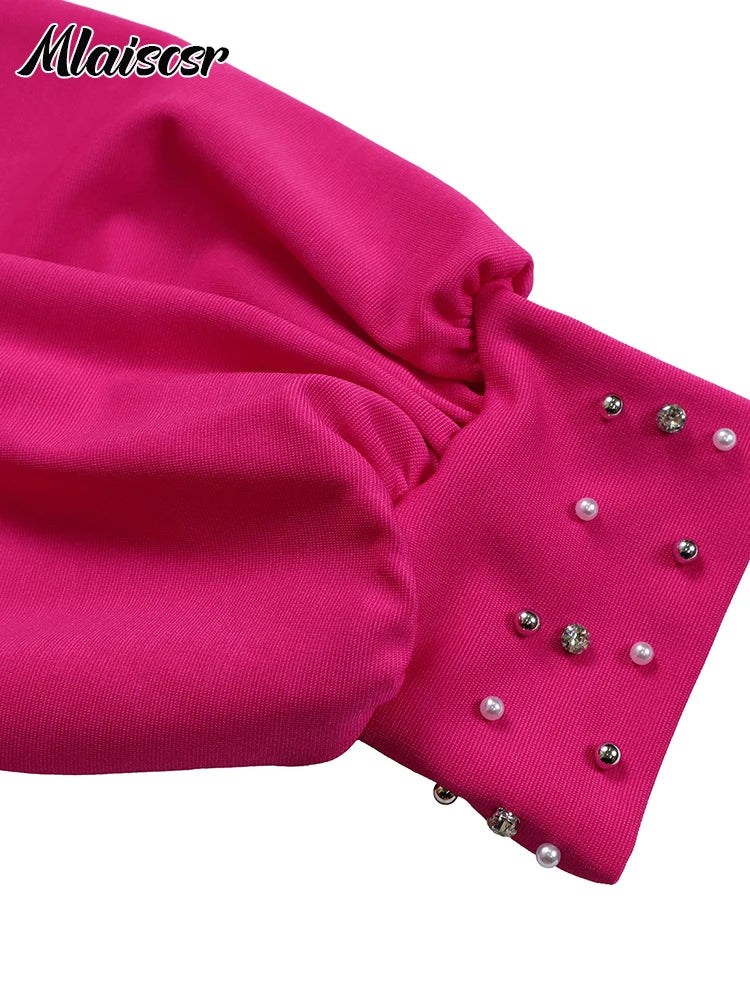 Mlaiscsr Elegant Evening Party Jumpsuit Long Sleeved Waist Pearl Bead Mesh Loose Wide Leg Pleated Long Dinner One Pieces Rompers