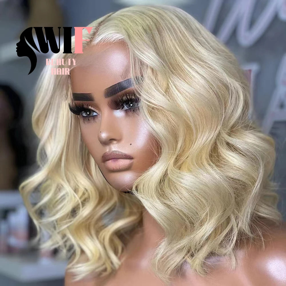 WIF 613 Blonde Short Bob Lace Front Wig Body Wave Bob Blond Hair Heat Fiber Synthetic Wigs Women Daily Use Fashion Golden Hair