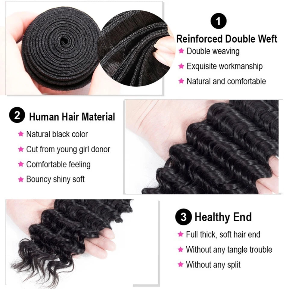 Deep Curly Wave Human Hair Bundles Brazilian Virgin Human Hair Weave  Hair Bundles 3/4 Bundles for Black Women 30 40Inch Natural