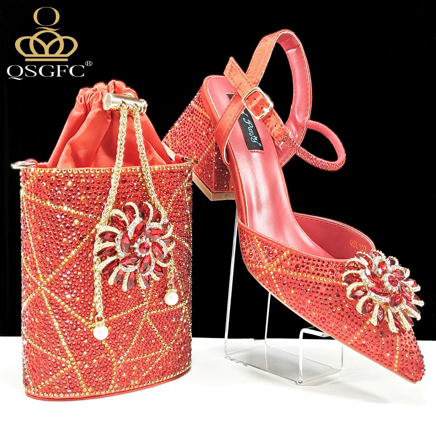 QSGFC Fashion Design High-end Women's Shoes with Diamond Oval Stand Bag Women's High Heels for Special Day or Work