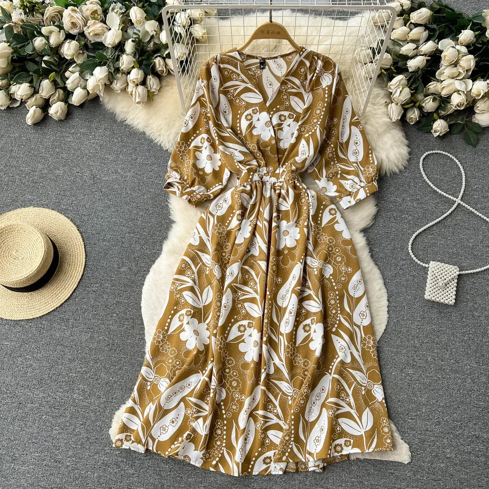 Summer Holiday Floral Beach Wrap Dress Women V Neck Short Sleeves Chic A Line Dress Bohemian Vintage Print Long Dress