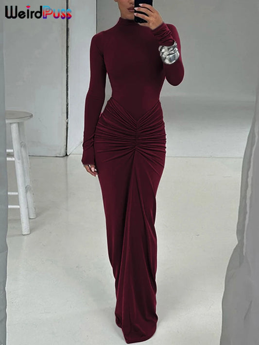 Weird Puss Hipster Ruched Dress Women o-NeckFull Sleeve  Skinny Stretch Robe Autumn Trend Simple Classic Pleats Long Bodycon