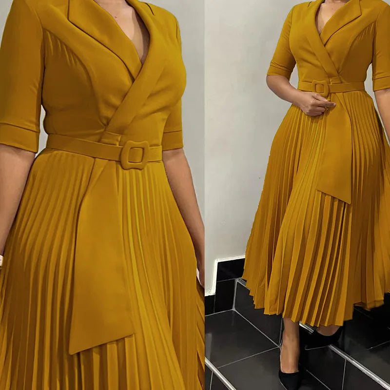 Women's Fall  new commuter fashion suit collar pleated waist plus size dress