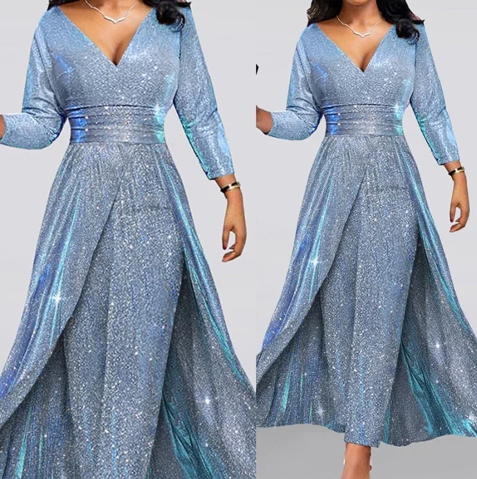 2023 Women's Jumpsuit V-Neck Long Sleeved Double Sided Sequin Large Skirt with Bra Sexy Fashion Jumpsuit