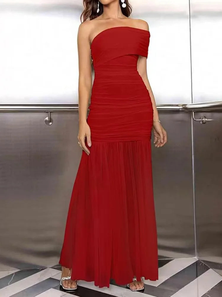 Women Diagonal Collar Summer Solid Long Dress Female Sleeveless Backless Pleated Party Dress 2023 Casual Streetwear Maxi Dresses