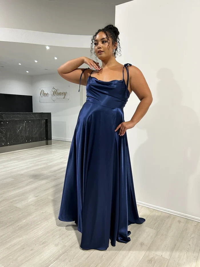 BABYONLINE Prom Dress Satin A-line Gown with Strappy Lace Up Back and High Skirt Slit Floor Length Wedding Bridesmaid Dresses