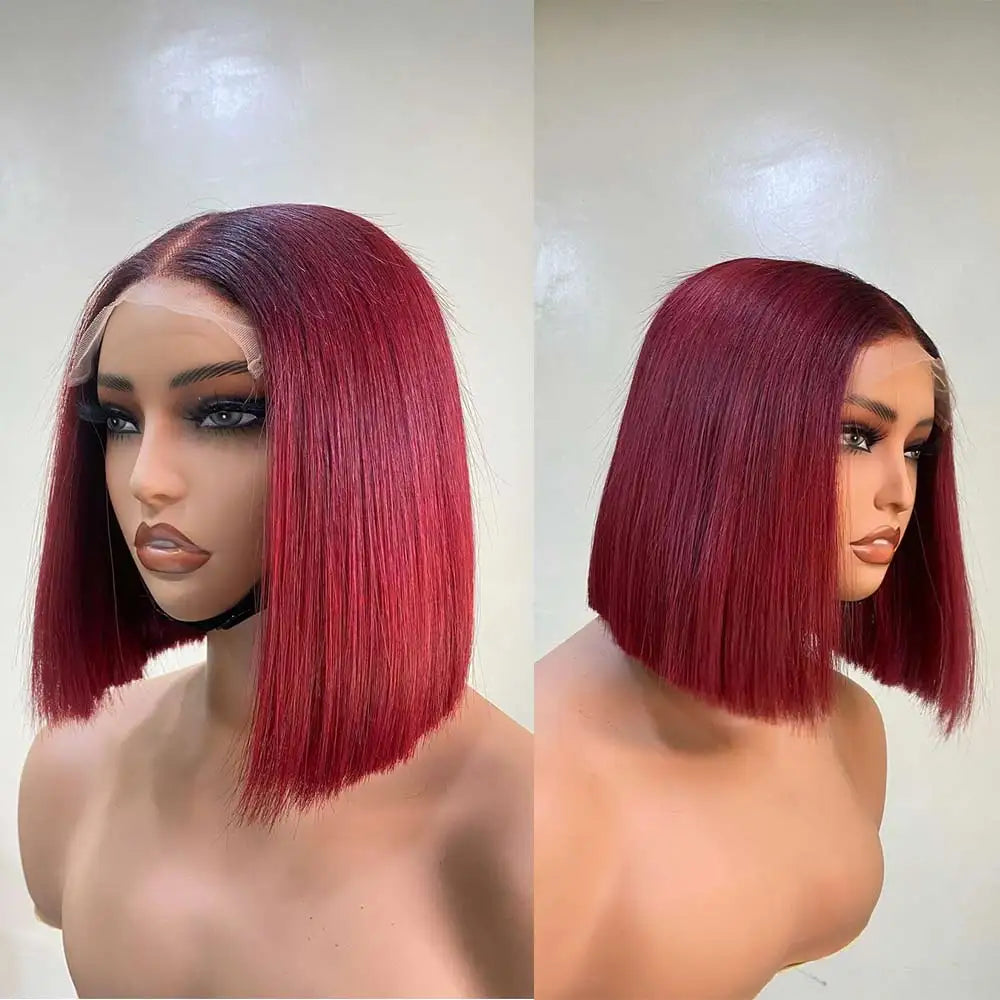 99J Color Short Bob Wigs Lace Closure Human Hair Wigs Brazilian 13x4 Lace Frontal Human Hair Chocolate Brown Straight Bob Wigs