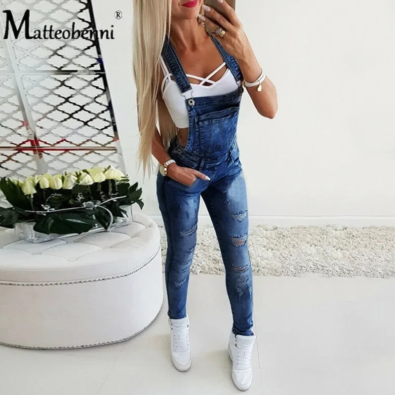 2020 Women's Fashion Pocket Decor Ripped Denim Bib Casual Overalls One Piece Skinny Leg Distressed Jeans Jumpsuits Autumn Wear