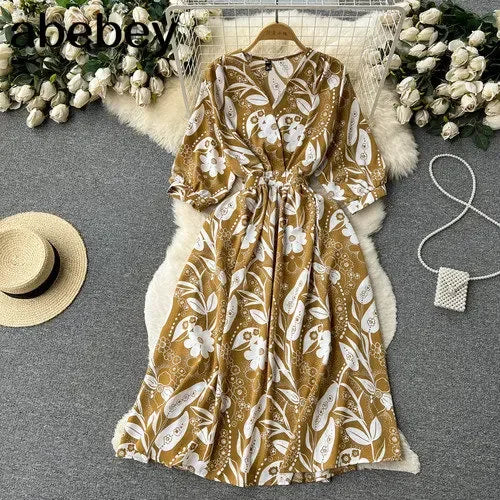 Summer Holiday Floral Beach Wrap Dress Women V Neck Short Sleeves Chic A Line Dress Bohemian Vintage Print Long Dress