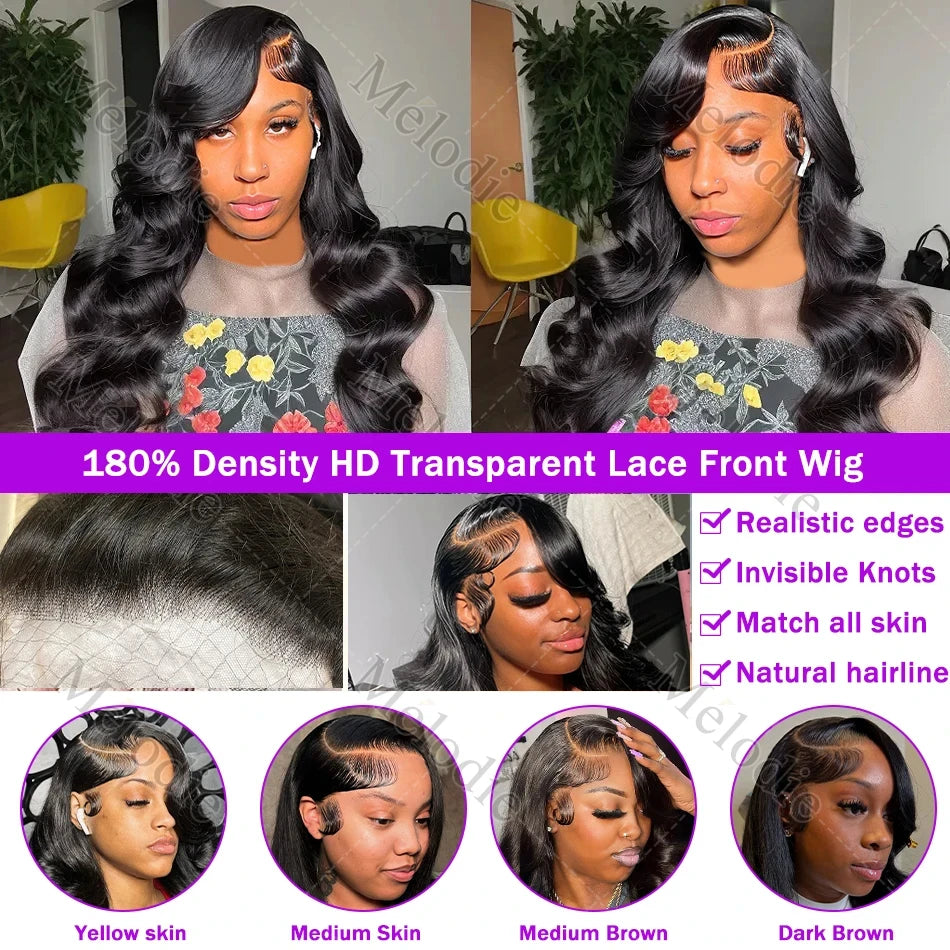 Melodie HD 300% 40 Inche 13x6 Body Wave Lace Front Human Hair Wigs 13x4 Lace Frontal Wig Transparent 5x5 Closure Brazilian Remy