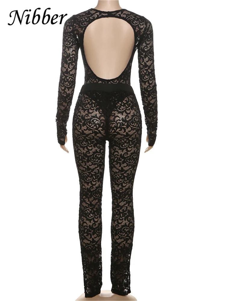 Nibber See Through 2 Piece Set Women Sexy  Hollow Jacquard Backless Bodysuit+Leggings Tight Activity Clubwear Skinny Outfits
