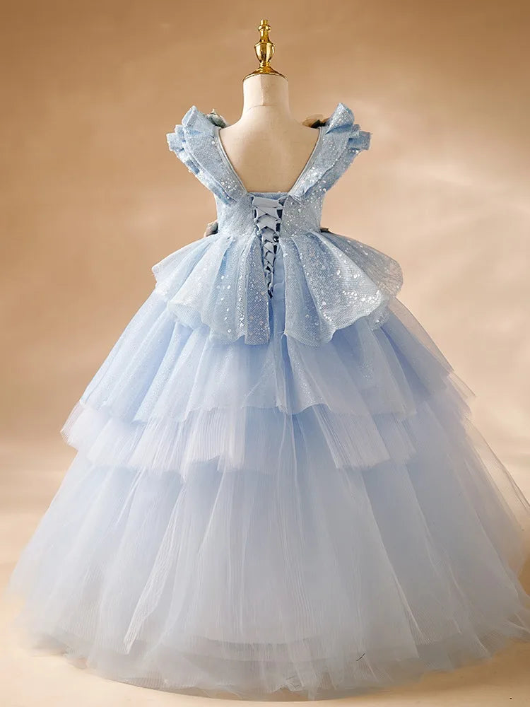 Blue Flower Girl Dresses Pageant Gown for Wedding 3D Floral Appliques Sequins Ruffles Birthday Party First Communion Gowns