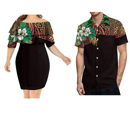 Samoa Women'S Club Dress Summer Polynesian Custom Couple Set Women'S Slim-Fit Lotus Leaf Dress Men'S Loose Fashion Shirt