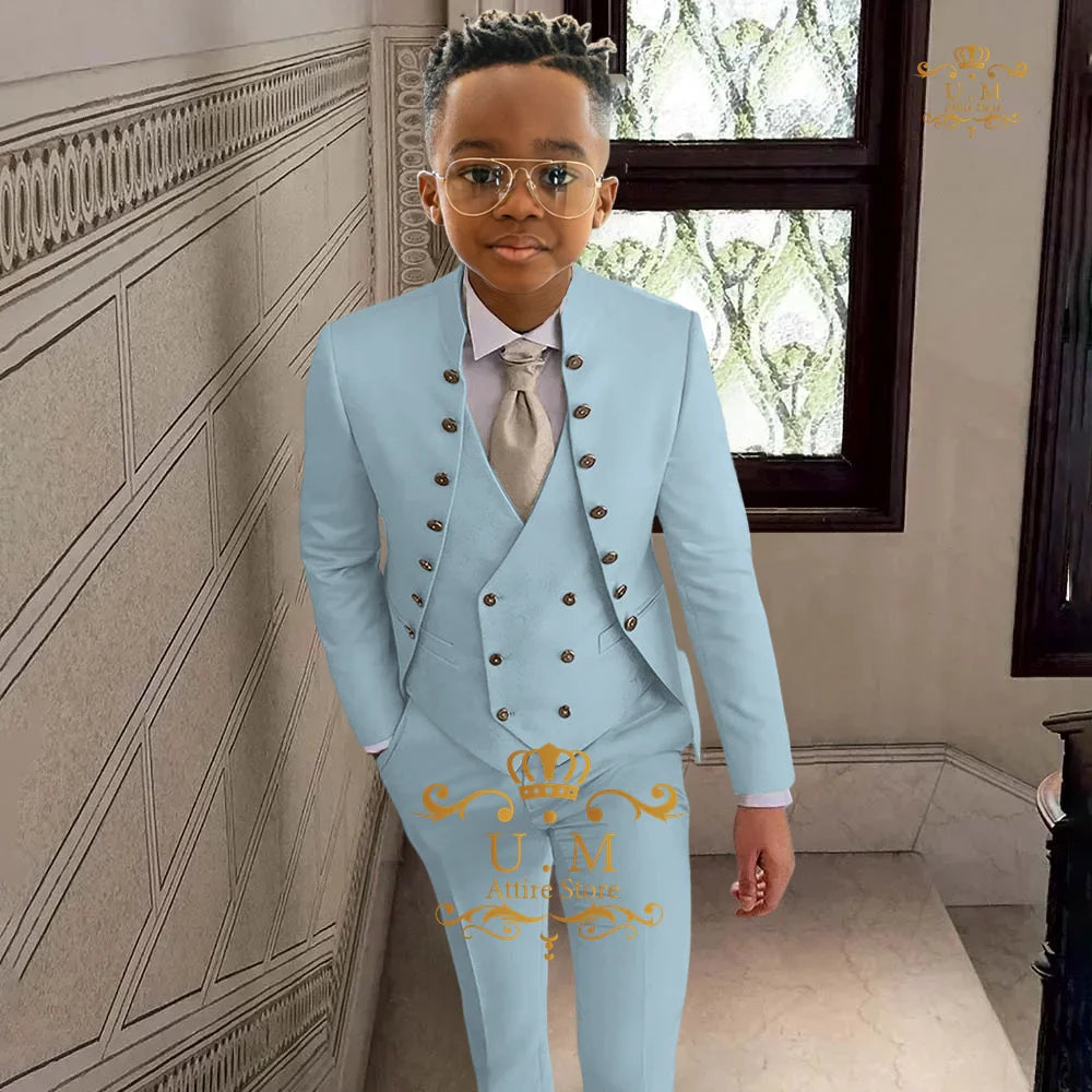 khaki boy's suit 3-piece set in khaki full open top jacket vest pants custom tuxedo for children wedding birthday cocktail party