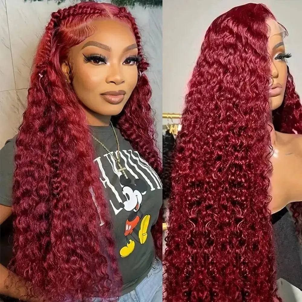 Tahikie 99j Burgundy Lace Front Human Hair Wig 30 Inch Deep Wave Frontal Wig 13x6 Hd Pre Plucked Transparent Lace Wigs For Woman