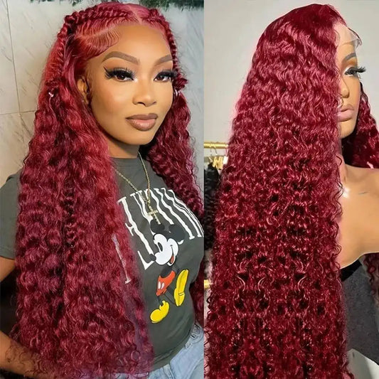 Tahikie 99j Burgundy Lace Front Human Hair Wig 30 Inch Deep Wave Frontal Wig 13x6 Hd Pre Plucked Transparent Lace Wigs For Woman