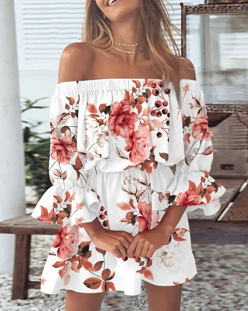 Sexy Slash Neck Long Flare Sleeve Floral Print Mini Dress Summer Women Boho Party Vestidos NMD-6650