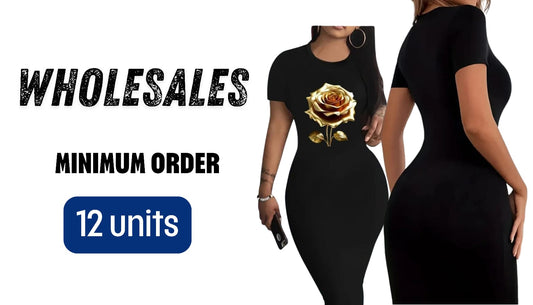 12 pc Women's Summer Short Sleeve Dress - Black & Rose Print Slim Fit Dress with Elastic Waistband, Short Knee-Length A-Line Dress, Machine Washable Casual Party Wedding Outfit